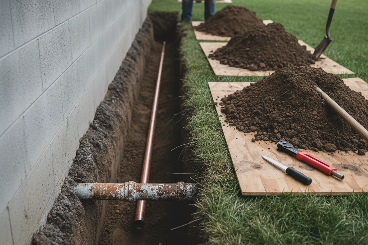 Excavated water line trench during Sewer Line Repair in Evergreen